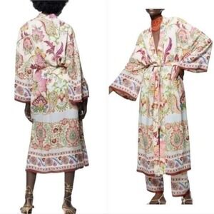 ZARA Floral Print Kimono Duster Jacket Open Front Boho Bohemian Festival Small‎